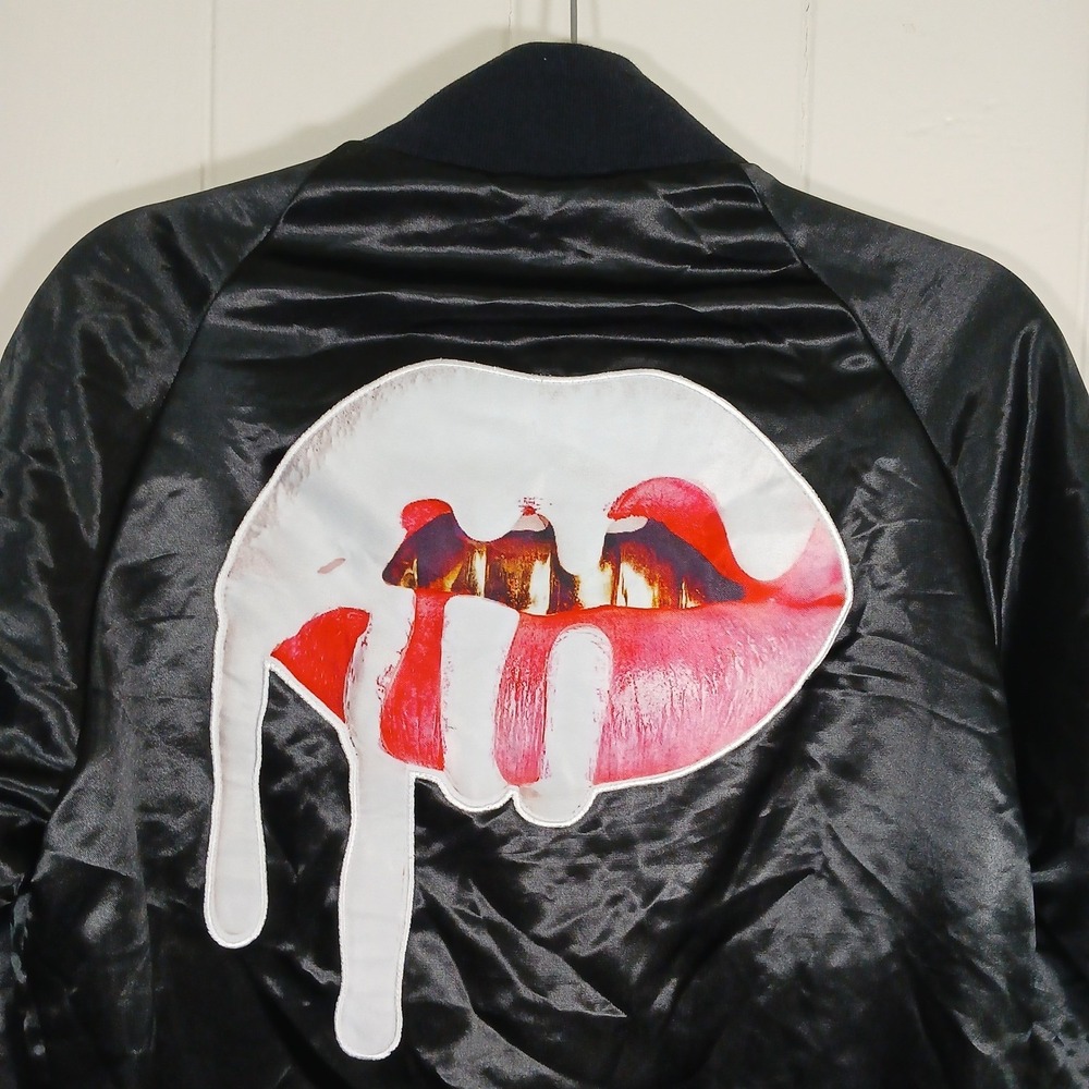 Kylie Jenner Shop Lip Drip Satin Bomber Jacket Black Small Varsity Snap Front